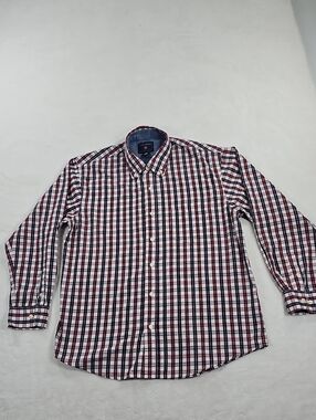 Saddlebred Mens Large Plaid Button Down Shirt Red Navy Blue Long Sleeve L